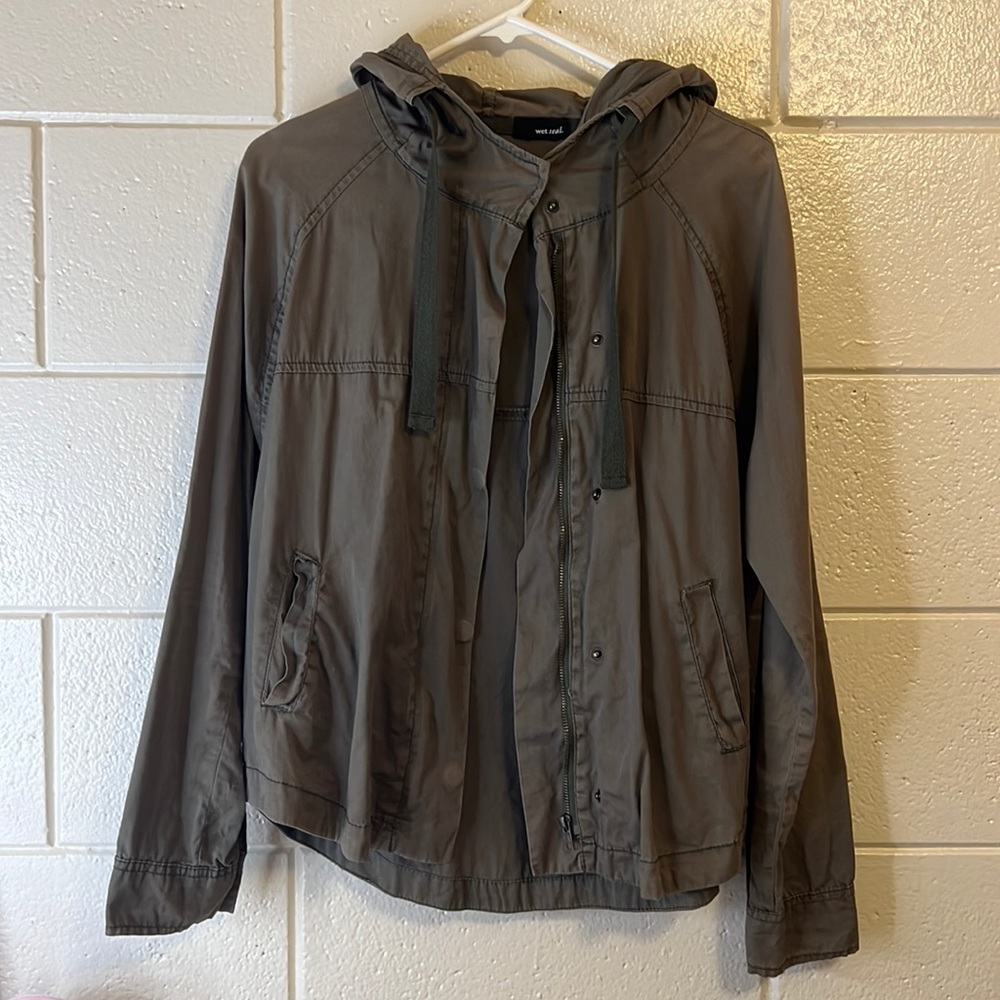 Wet Seal | Olive Green Button Zip-Up Hooded Utility Jacket | Size Large